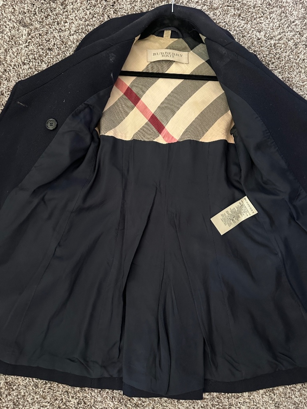 Authentic Burberry Brit Navy Blue Wool & Leather Trench Coat Sz US4 / XS - Picture 8 of 10